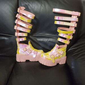Sugar Thrillz Holographic Yellow Pink HOLO Gladiator Platform Shoes US 7